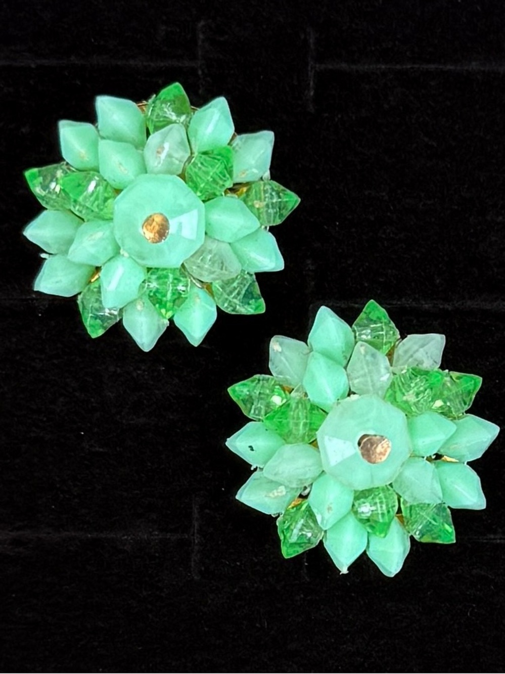 Vintage Hong Kong Green Beaded Floral Cluster Clip On Earrings